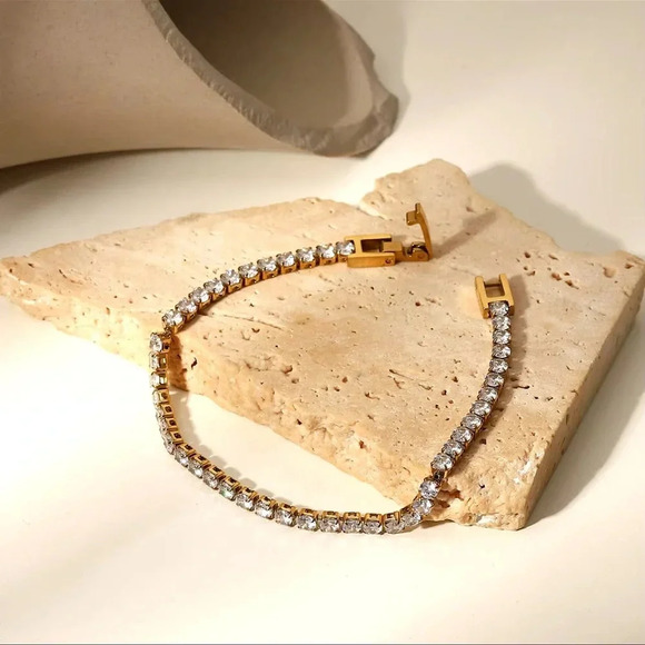 Zirconia Tennis 18K Gold Stainless Steel Waterproof Gold Gemstone Bracelet - Picture 1 of 11